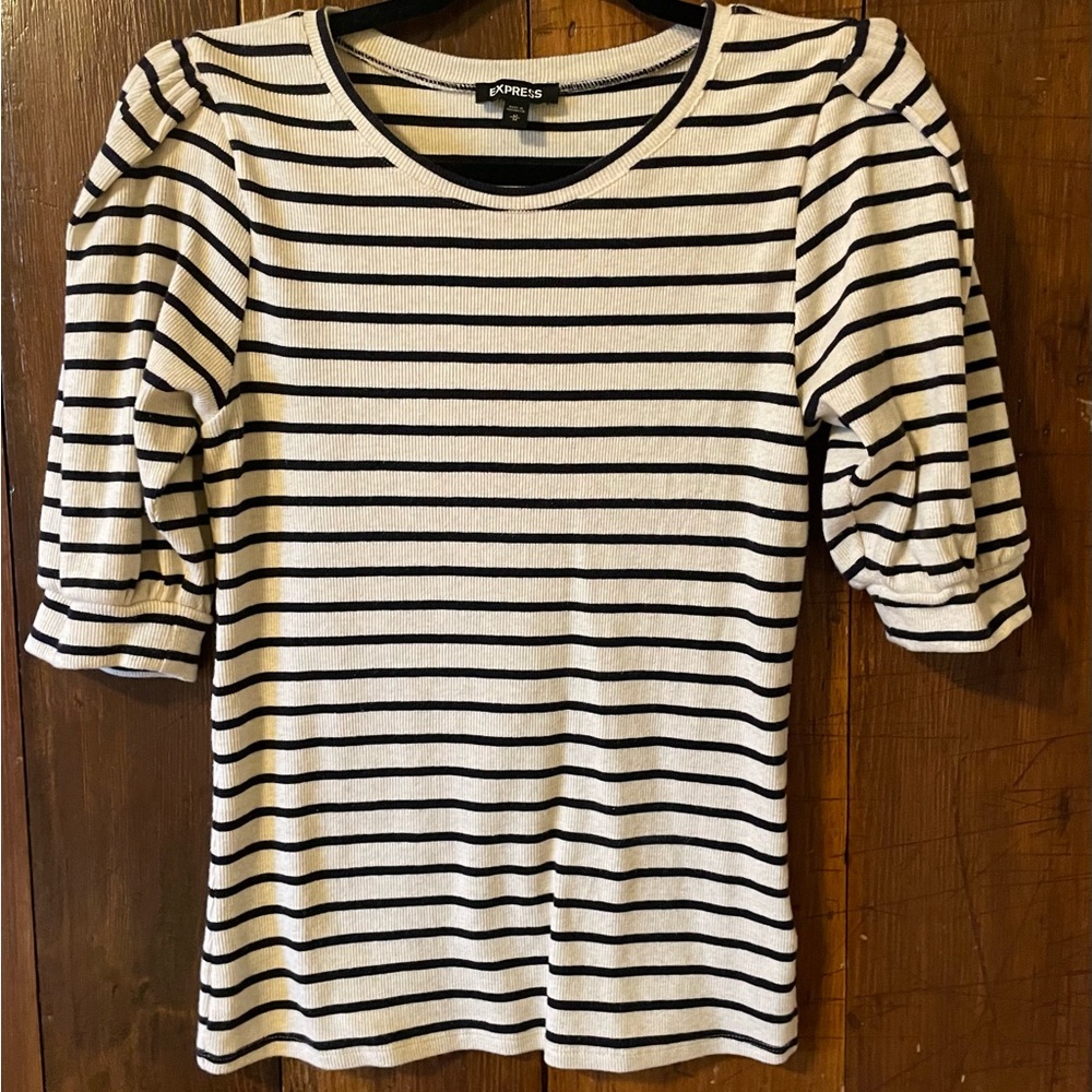 Express Puff-Sleeve Black and White Striped Top